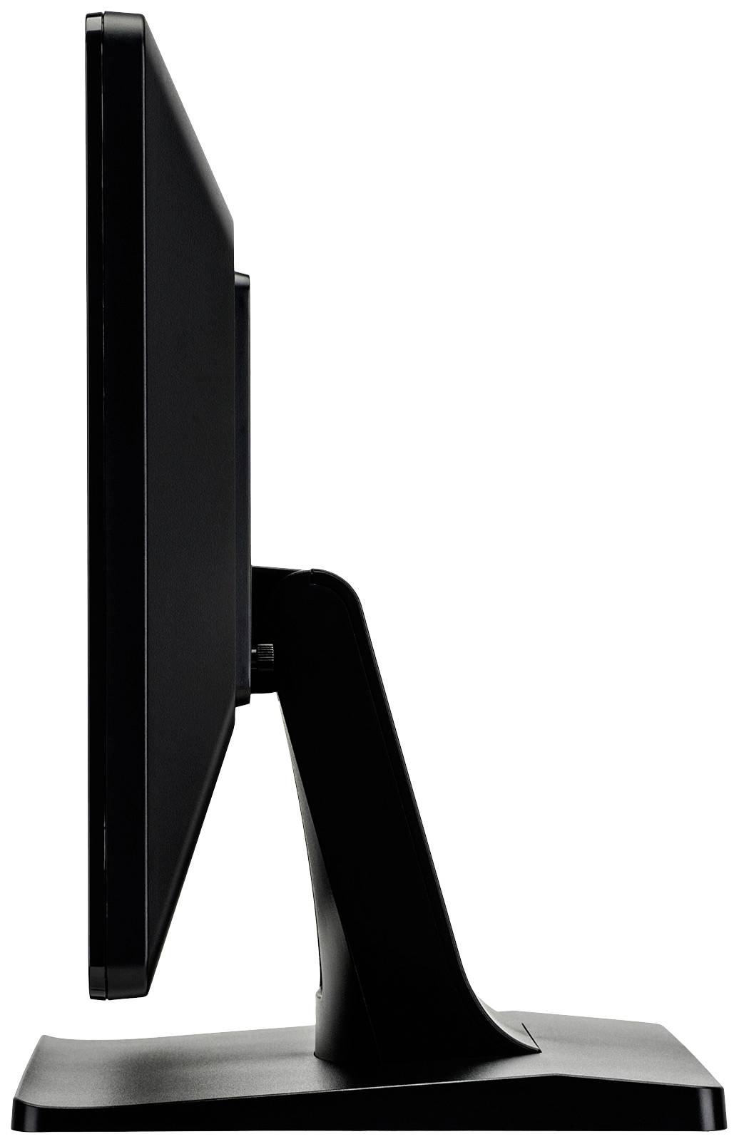 Un moniteur d'ordinateur noir est visible de côté et repose sur un socle rectangulaire.