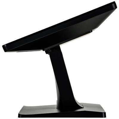 Un écran noir incliné sur un support, probablement un écran de système de caisse ou un terminal vu de côté.