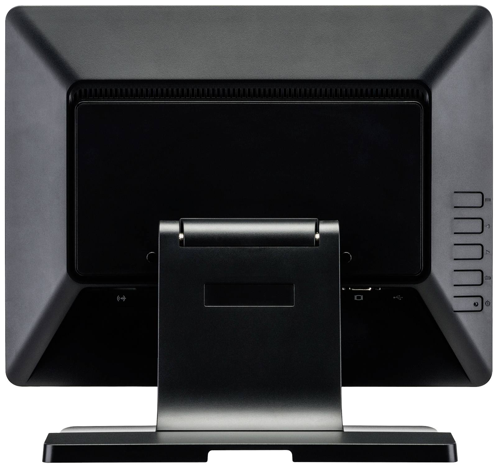 Un moniteur d'ordinateur noir vu de dos, avec un pied stable et plusieurs ports sur le côté droit.