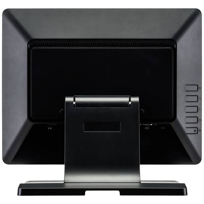 Un moniteur d'ordinateur noir vu de dos, avec un pied stable et plusieurs ports sur le côté droit.