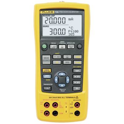 Un appareil de calibrage de précision jaune affiche sur un écran '20,000 mA' et '300,0 °C'. Il dispose de nombreuses touches pour le contrôle de l'appareil.