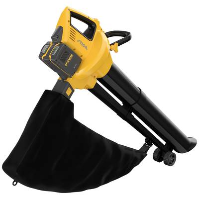 Un aspirateur de feuilles jaune avec un sac de collecte noir et des roues, adapté pour nettoyer les allées et les jardins.