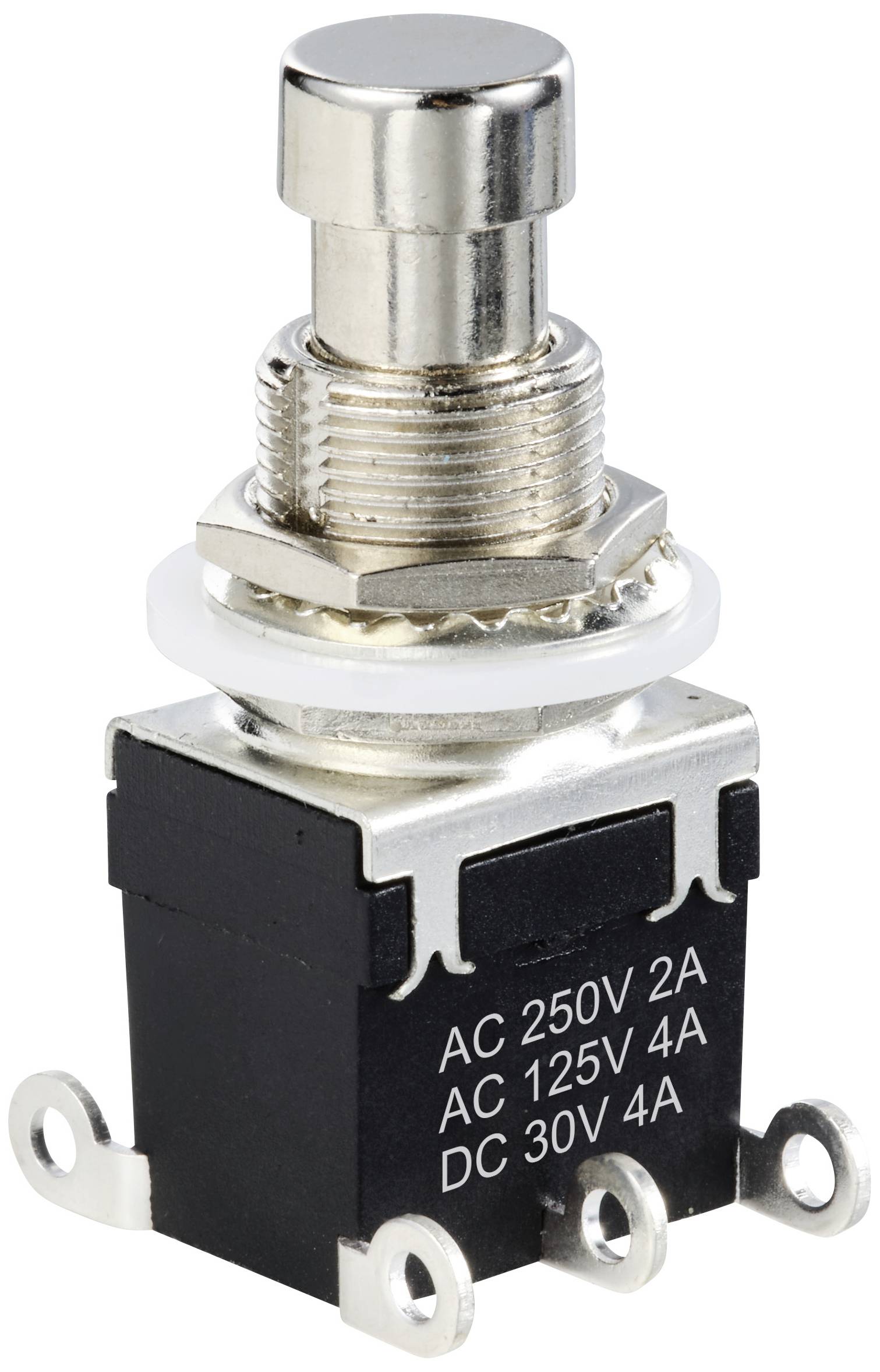 Un interrupteur à bascule argenté et noir portant l'inscription « AC 250V 2A, AC 125V 4A, DC 30V 4A », indiquant les spécifications électriques.