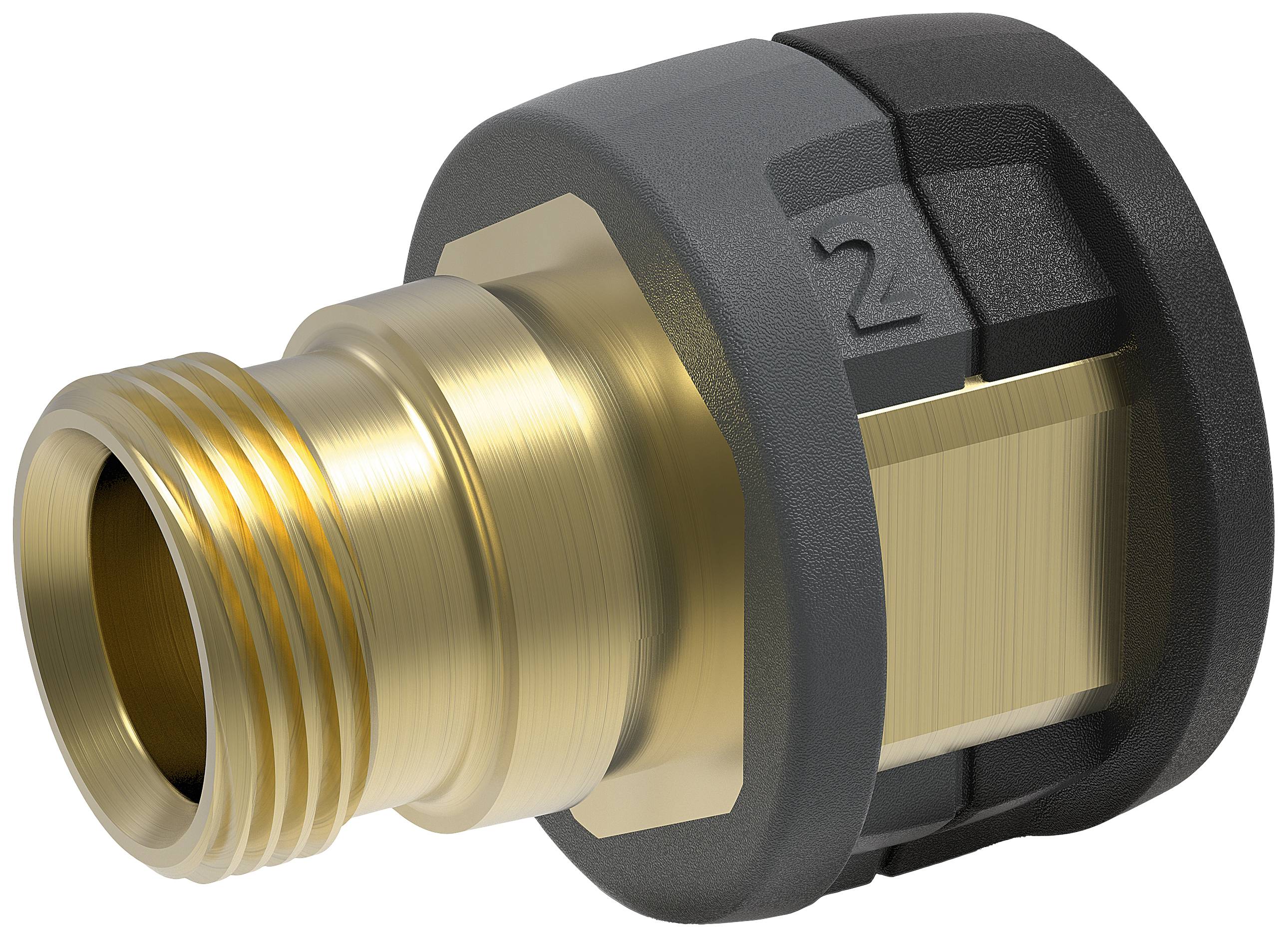 Raccord en laiton à filetage externe avec bague en plastique noir, numéroté '2'. Utilisé pour les connexions de tuyauterie.