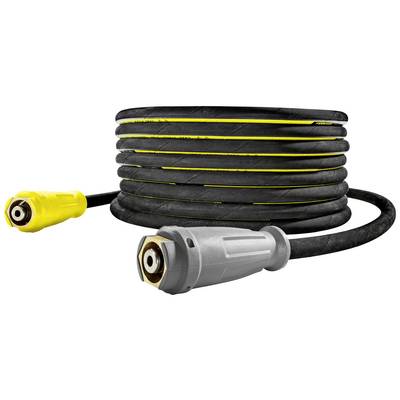 Tuyau haute pression noir avec bandes jaunes et raccords, adapté pour les nettoyeurs haute pression. Idéal pour les travaux de nettoyage intensifs.