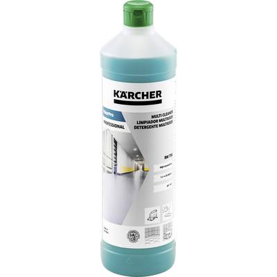 Une bouteille de 'Kärcher Multi Cleaner' contenant un liquide turquoise. L'étiquette présente le logo de la marque et des images illustrant son utilisation pour le nettoyage des sols.