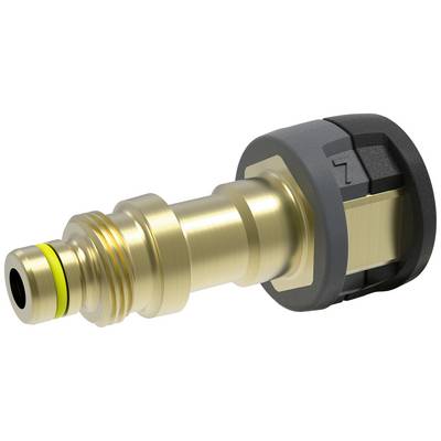 Connecteur en laiton avec éléments en plastique noir et joint d'étanchéité jaune. Convient pour les raccordements de tuyaux ou de flexibles.