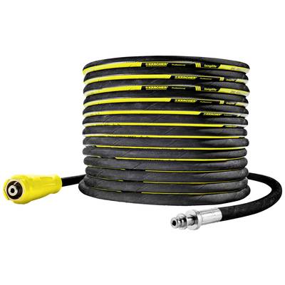 Tuyau haute pression noir avec marquage jaune et raccord jaune, enroulé ; adapté pour le nettoyage professionnel.