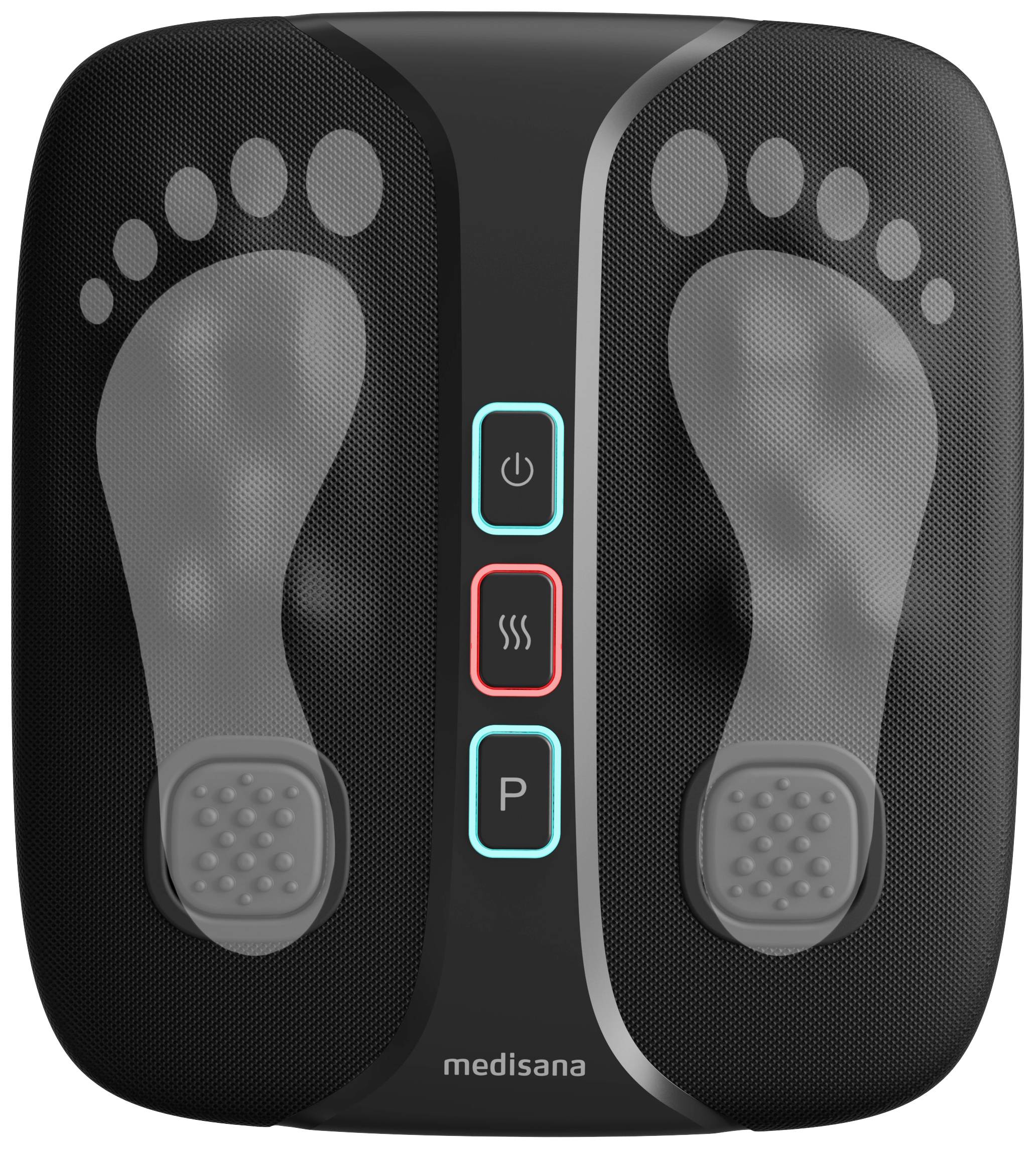 Appareil de massage des pieds avec représentation des plantes des pieds. Trois touches au centre : Marche/Arrêt, Chaleur, Programme. Texte 'medisana' en bas.