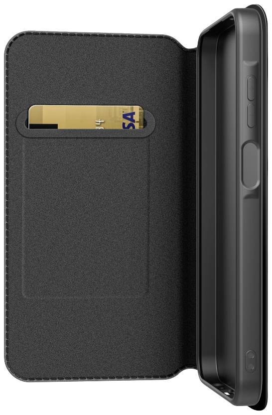 Étui de smartphone en matériau noir avec un compartiment pour carte, montrant une carte de crédit Visa. L'étui est ouvert et montre son intérieur.