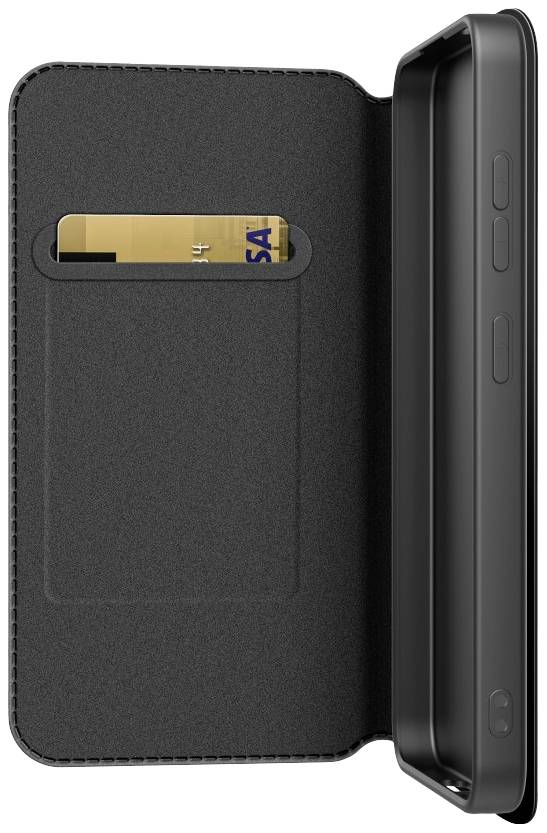 Étui noir ouvert pour téléphone, avec une carte dans la fente, montrant l'intérieur du rabat et les boutons du smartphone sur le côté droit.