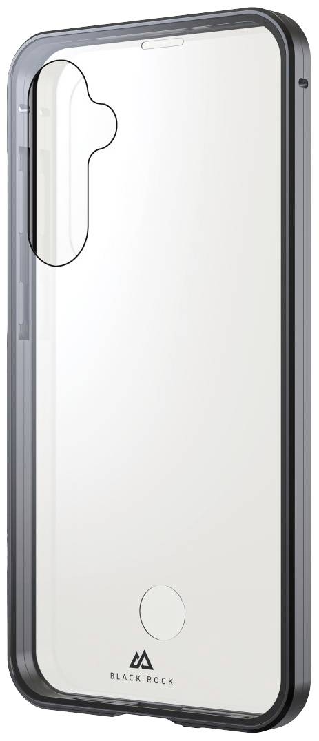 Coque de protection transparente pour smartphone avec bordure noire et découpes pour caméra et ports. Marquage 'Black Rock' en bas.