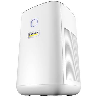 Purificateur d'air de KÄRCHER en blanc, avec des fentes de ventilation sur les côtés et un indicateur LED lumineux en haut.