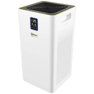 Purificateur d'air blanc avec affichage numérique, indiquant la température, l'humidité et la qualité de l'air.