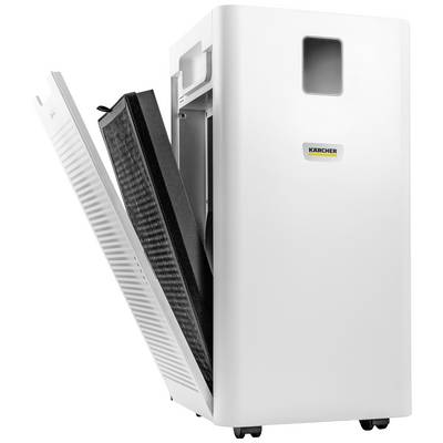 Un purificateur d'air portable en blanc, partiellement ouvert, montre ses filtres amovibles. L'appareil est monté sur des roulettes pour faciliter son déplacement.