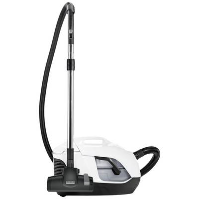 Un aspirateur traîneau blanc avec une tête d'aspiration noire et une lance télescopique extensible. Adapté pour nettoyer les tapis et les sols durs.