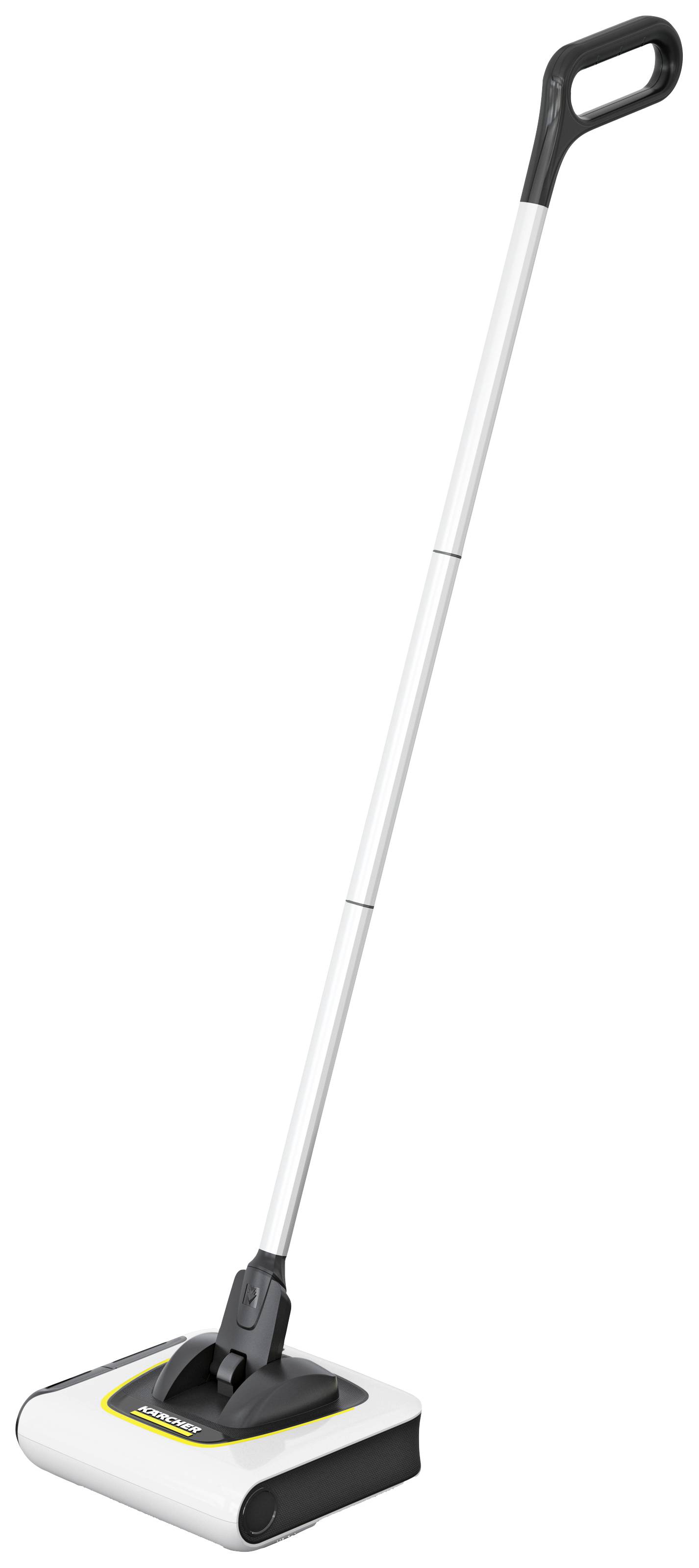 Balai électrique à manche long et boîtier blanc. Idéal pour le nettoyage des sols dans les foyers ou les bureaux.