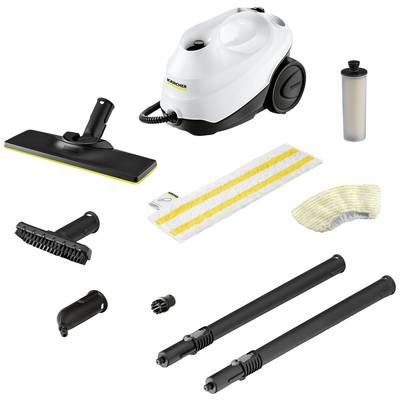 Un ensemble de nettoyeur vapeur avec accessoires : appareil principal, réservoir d'eau, buse pour sol et main, tubes d'extension, chiffon vapeur et brosse de nettoyage.