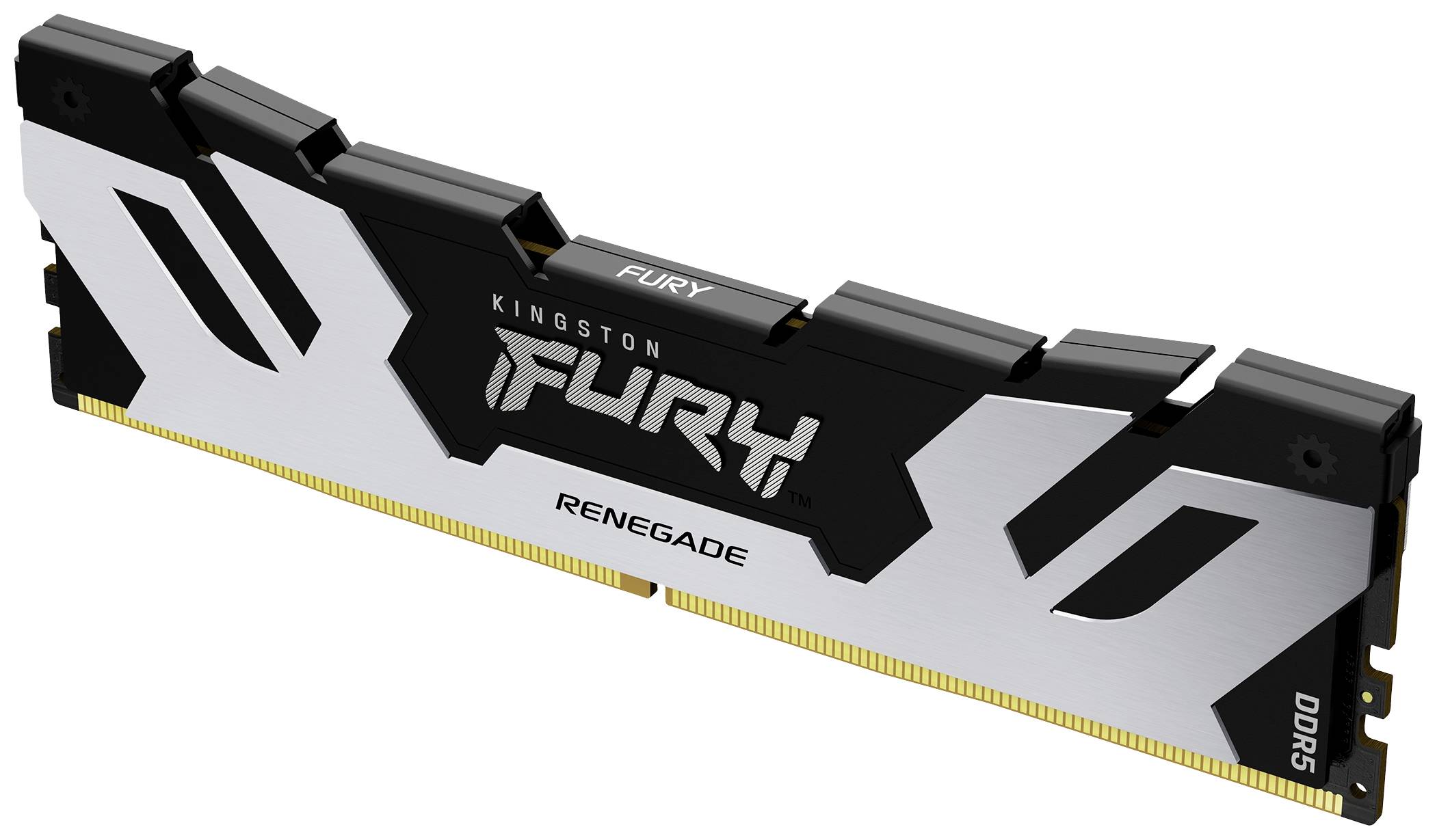 Module de mémoire vive Kingston Fury Renegade DDR5 avec dissipateur thermique, design noir et argenté, vue latérale.