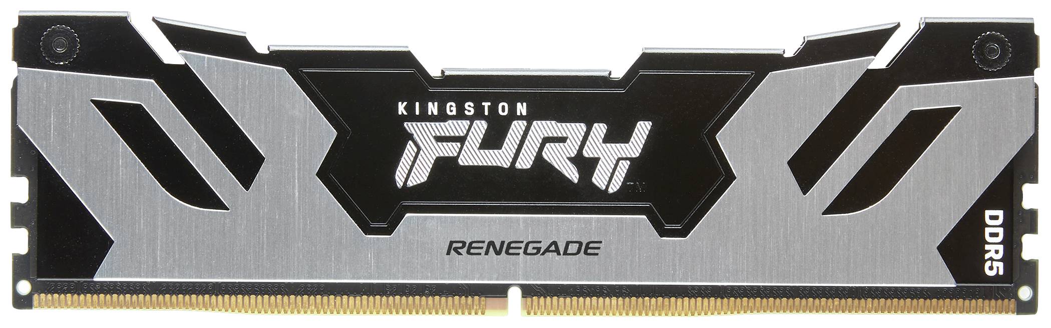 Un module RAM de Kingston, modèle Fury Renegade DDR5, au design argent et noir, affiche le nom de la marque et le modèle sur sa face avant.