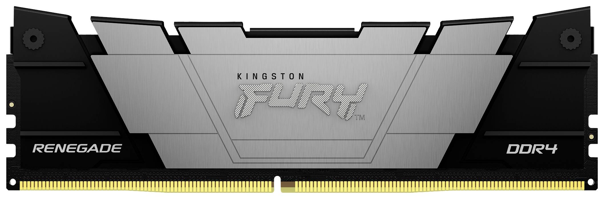 Un module de RAM DDR4 Kingston FURY Renegade noir avec des accents argentés, adapté pour une utilisation dans les systèmes informatiques.