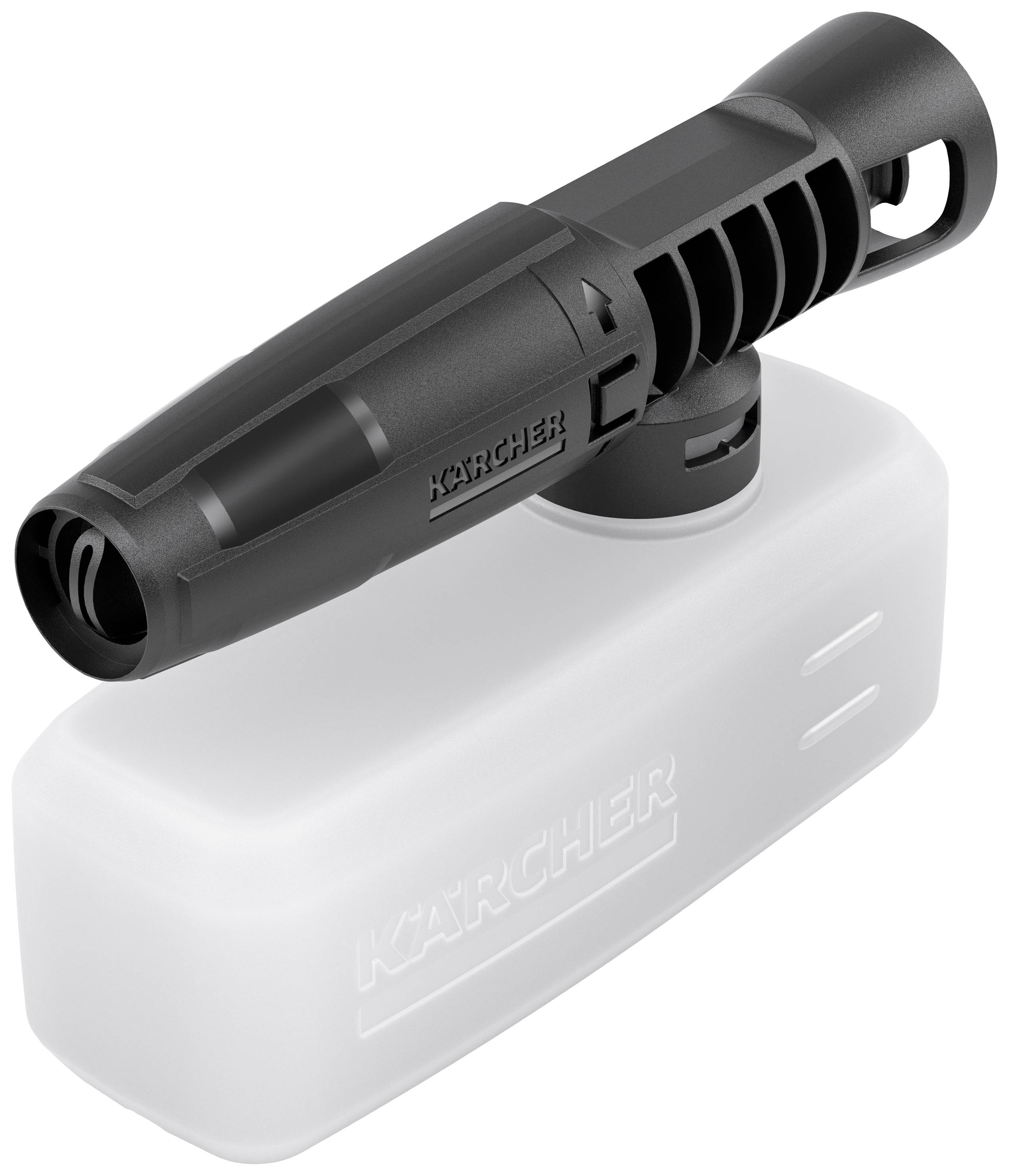 Un embout noir de nettoyeur haute pression est fixé à un récipient blanc de produit de nettoyage.