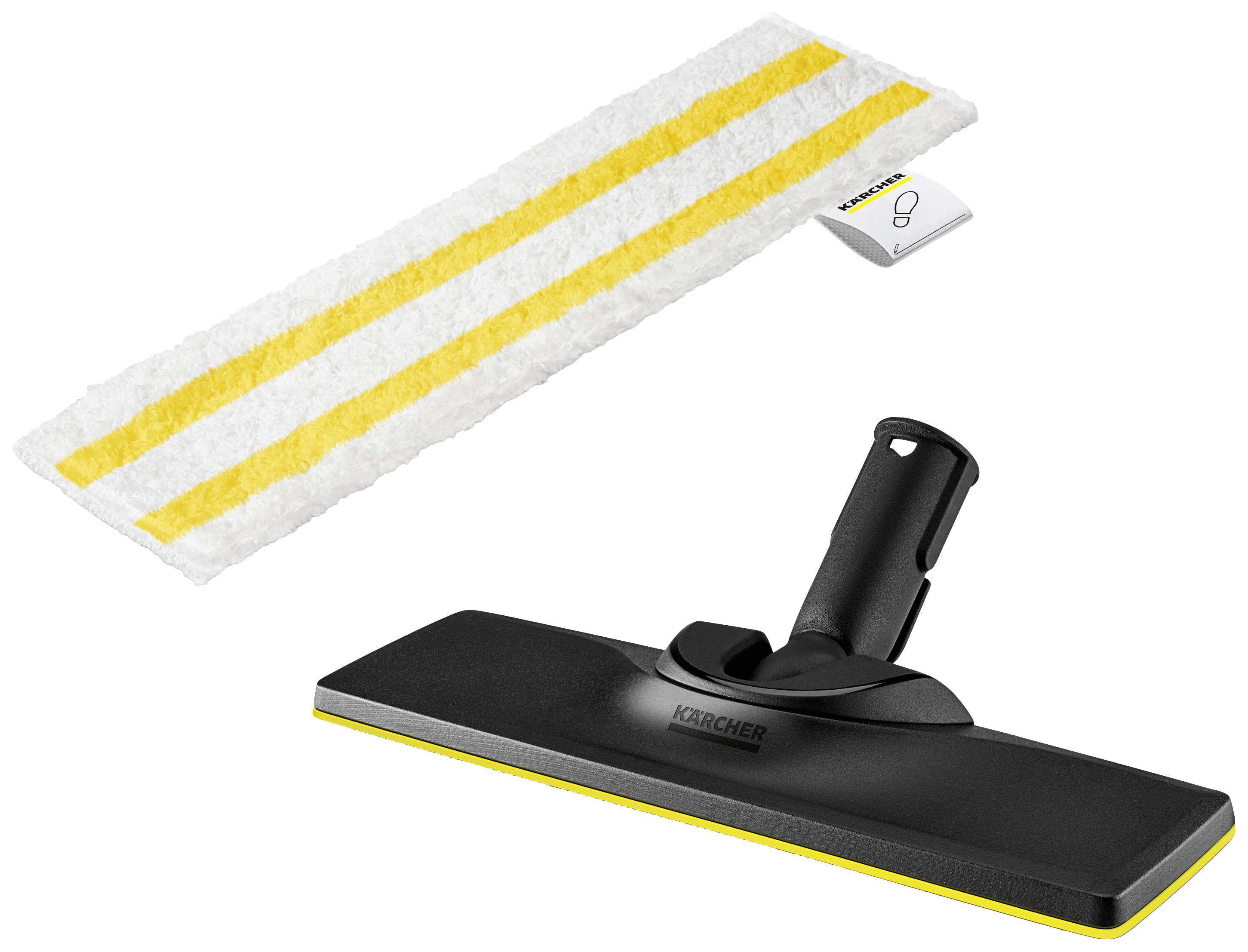 Balai vapeur avec une bande jaune et un chiffon assorti ; adapté pour un nettoyage de sol efficace.