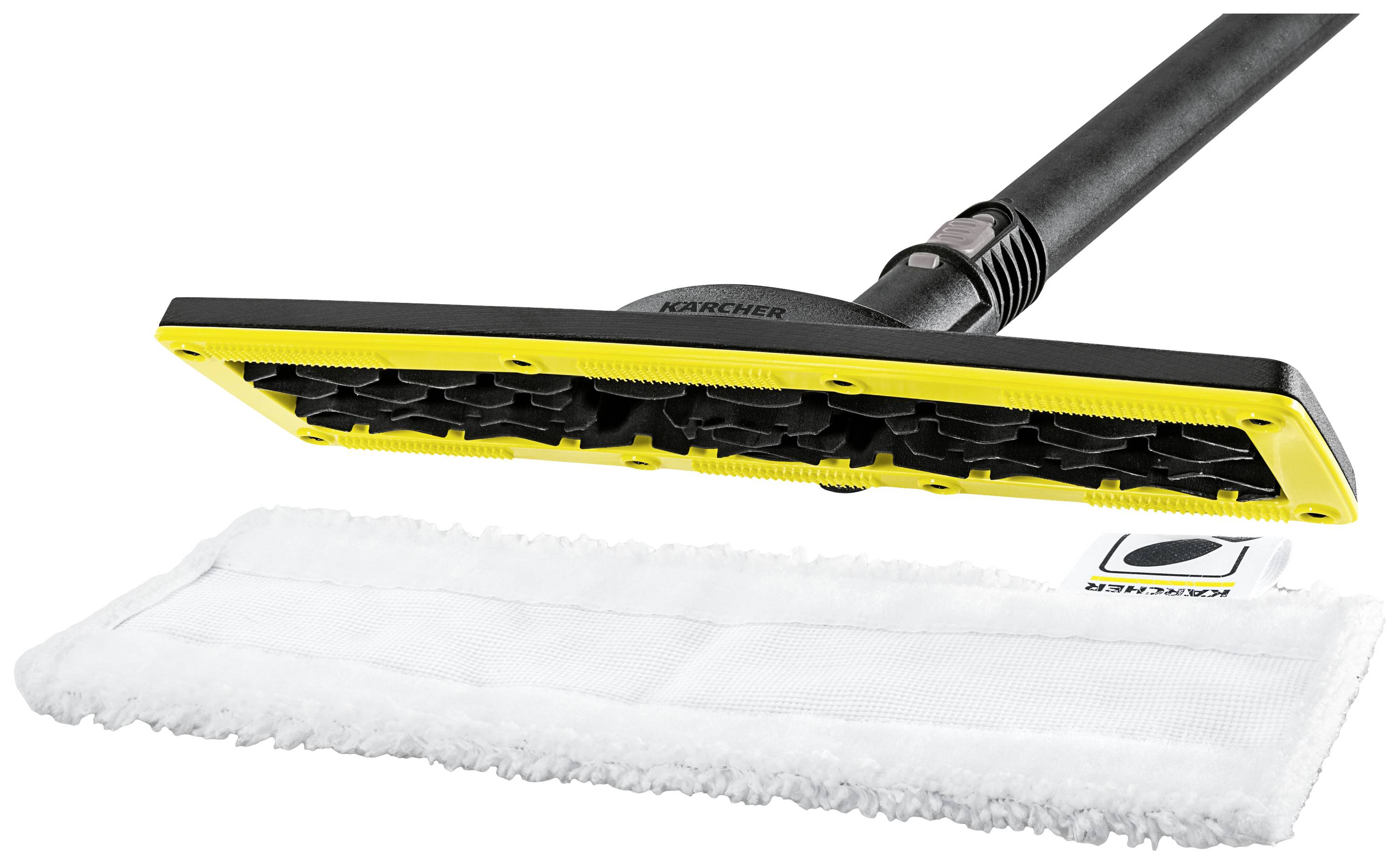 Un embout de nettoyeur vapeur avec des détails jaunes et un chiffon de nettoyage blanc. Adapté pour un nettoyage de sol efficace.