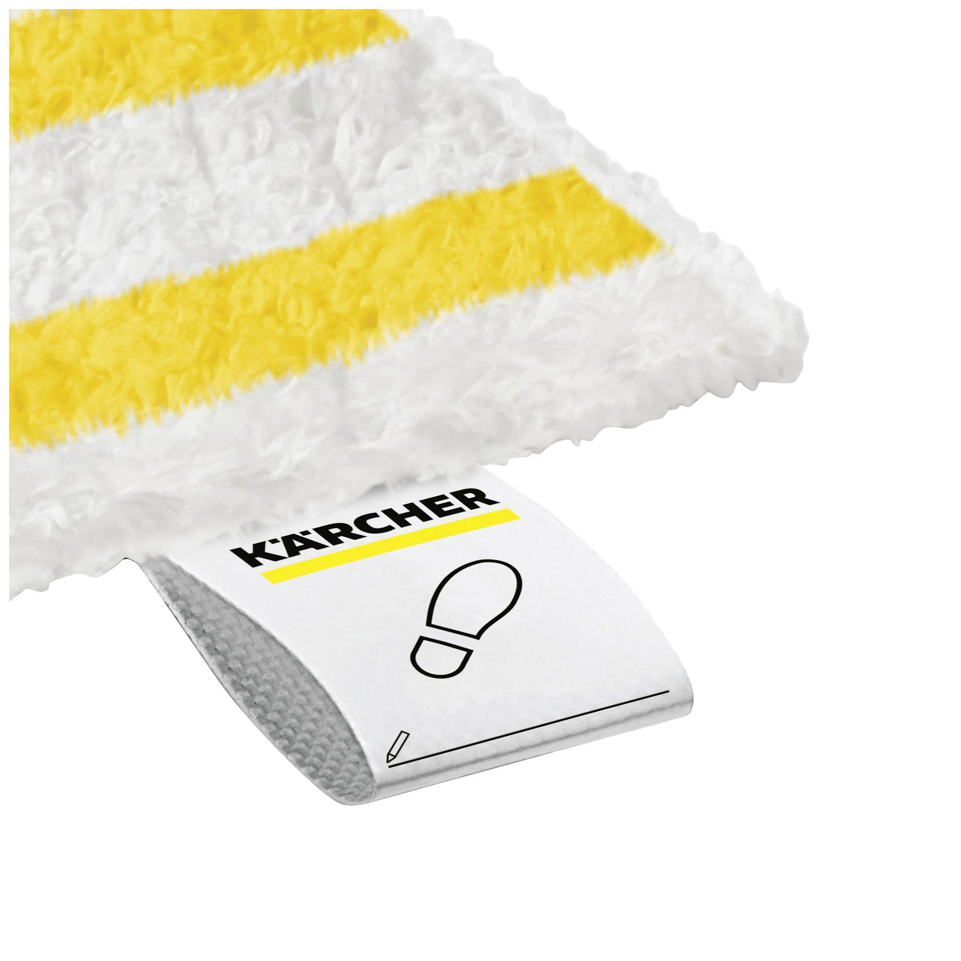 Un chiffon de nettoyage jaune et blanc avec une étiquette portant le nom 'Kärcher' et un symbole de semelle de chaussure.