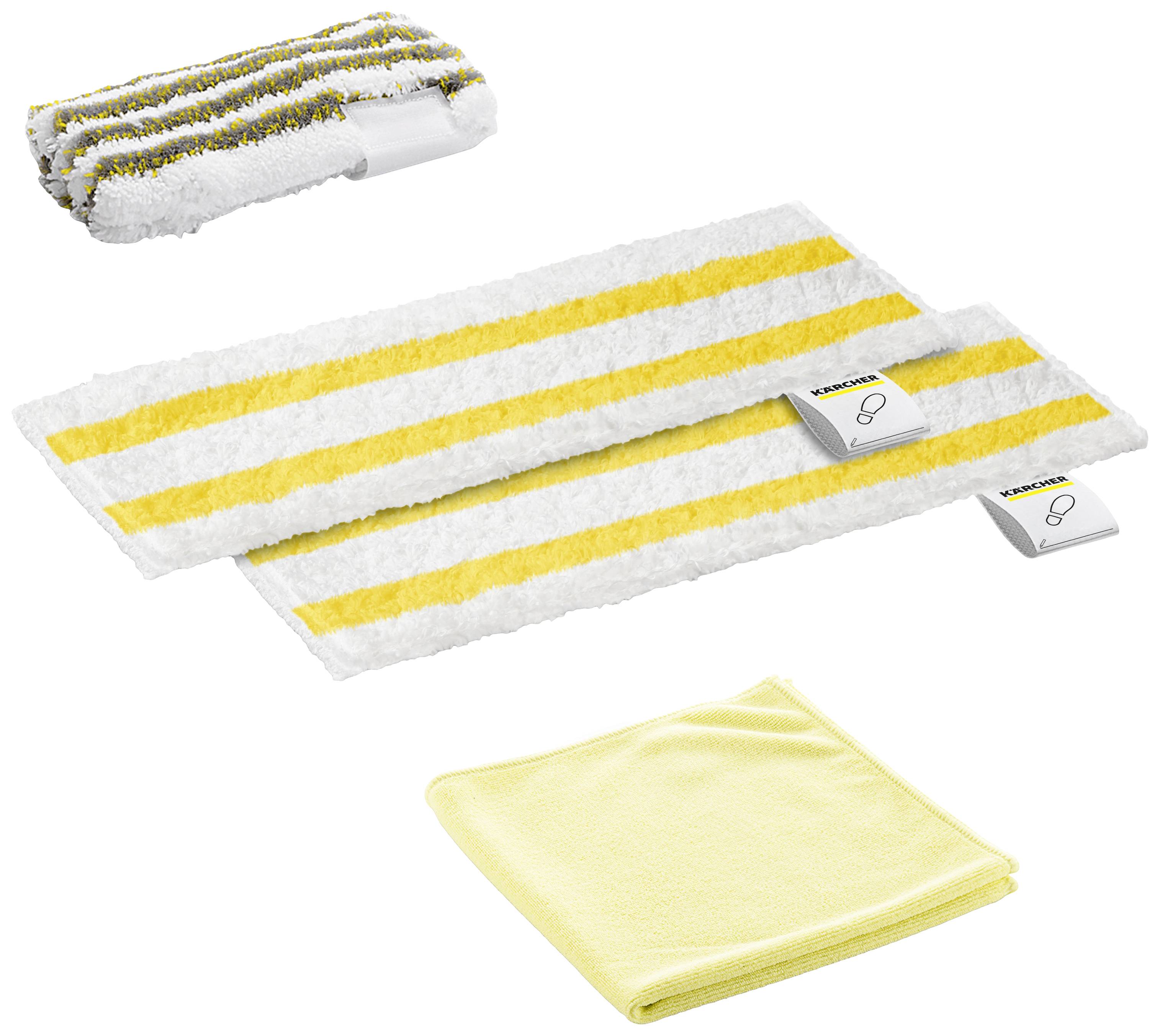 Un ensemble de deux chiffons de nettoyage blancs avec des bandes jaunes et un chiffon en microfibre jaune, utilisés pour différentes applications de nettoyage.