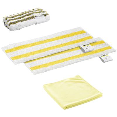 Un ensemble de deux chiffons de nettoyage blancs avec des bandes jaunes et un chiffon en microfibre jaune, utilisés pour différentes applications de nettoyage.