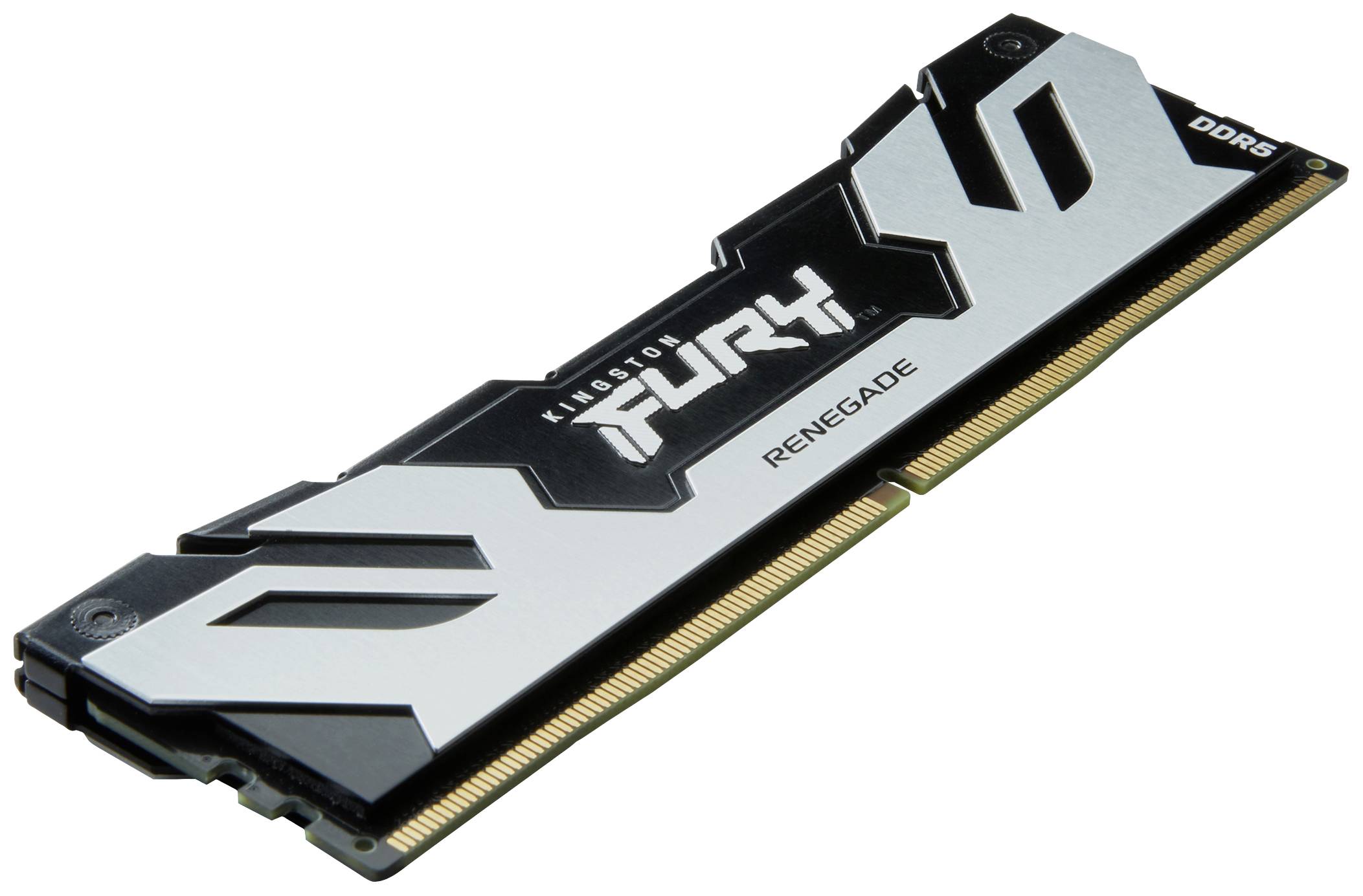 Module RAM Kingston Fury Renegade, DDR5, avec dissipateur thermique noir et argenté, vue latérale.