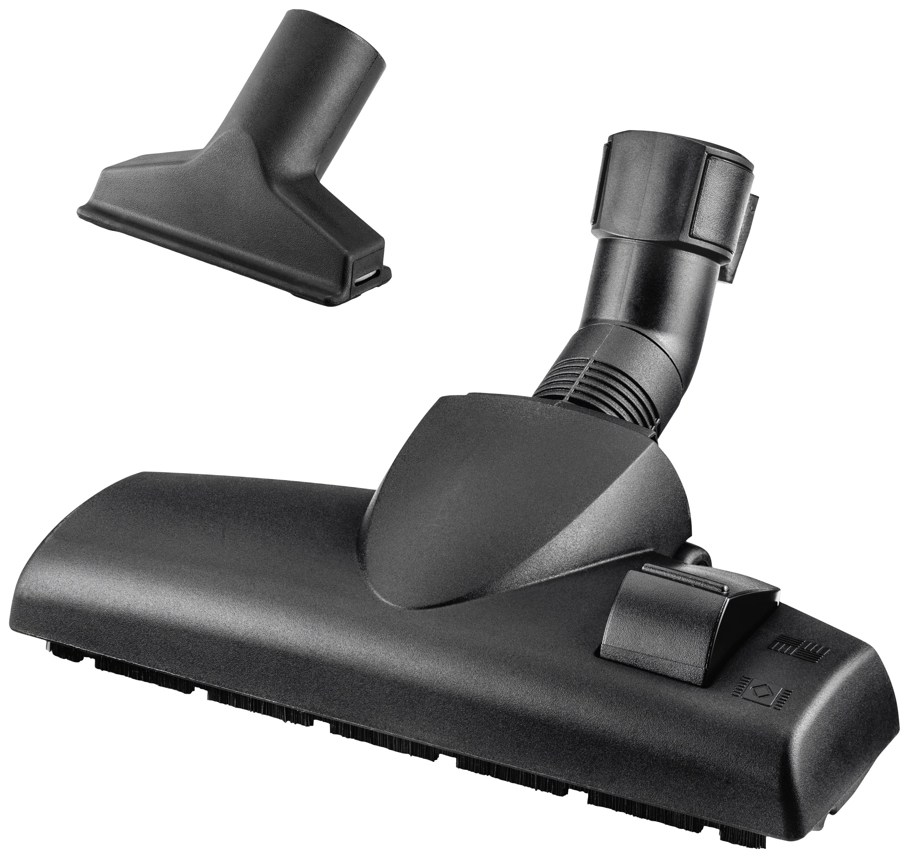 Embout d'aspirateur en noir, composé d'une buse principale pour sols et d'un petit embout supplémentaire pour les coins et les angles.