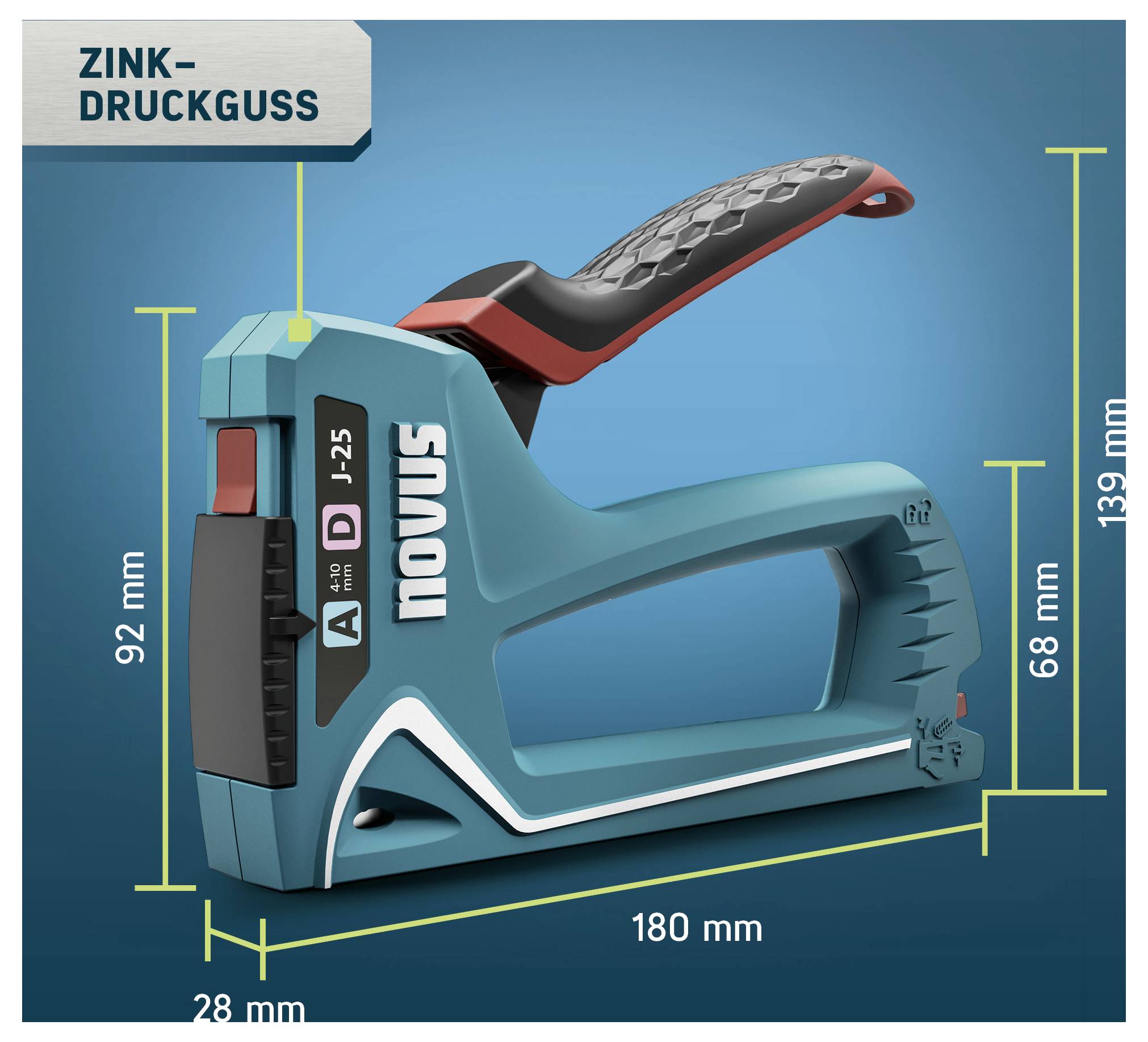 Image 3D d'une agrafeuse Novus coulée sous pression en zinc turquoise-noir avec les dimensions suivantes : 180 mm de longueur, 139 mm de hauteur, 92 mm à l'avant, 68 mm à l'arrière, 28 mm de largeur.