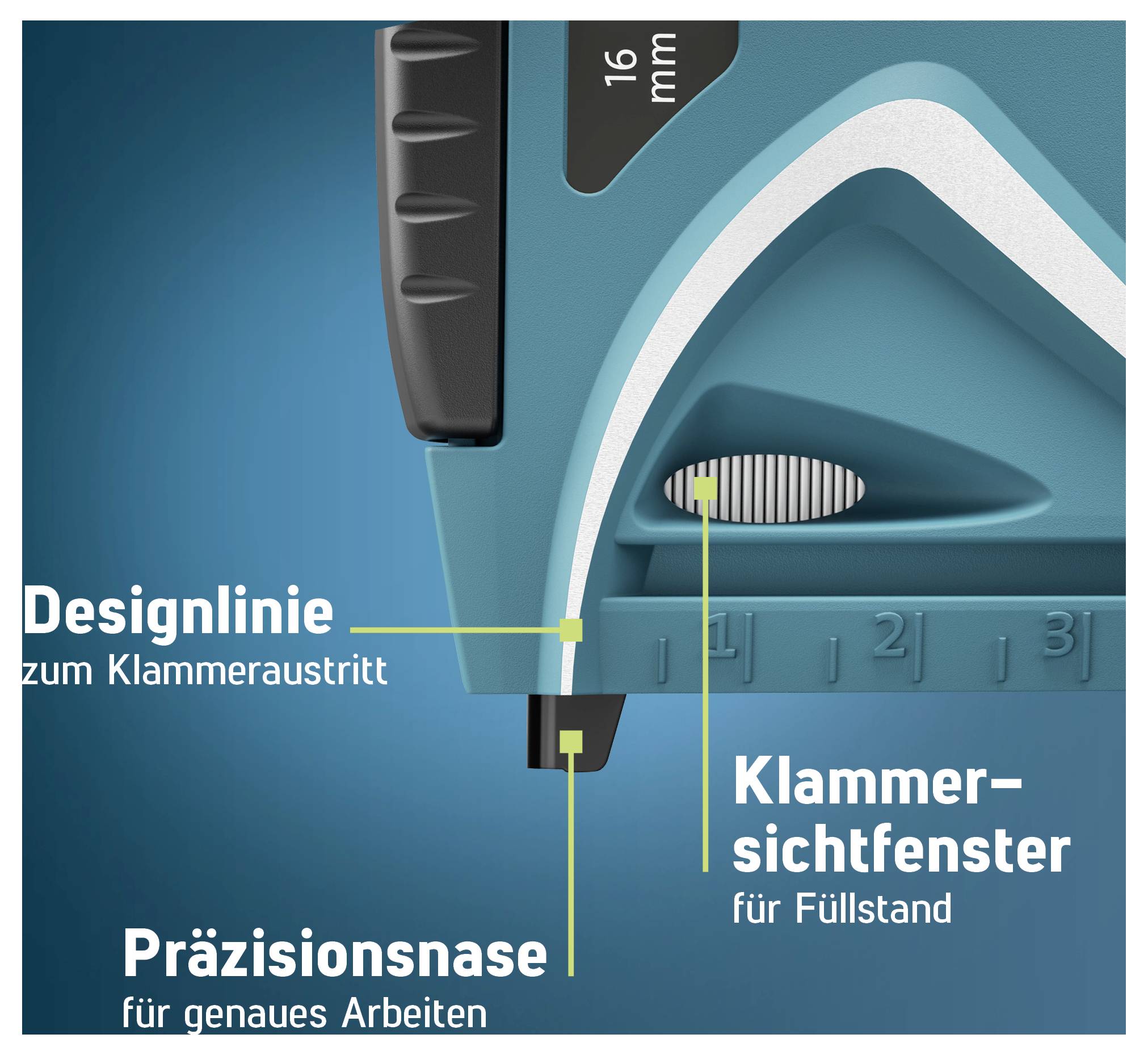 Gros plan d'un outil turquoise et noir avec des étiquettes : ligne de conception pour la sortie des agrafes, nez de précision pour un travail précis et fenêtre de visualisation des agrafes pour le niveau de remplissage.