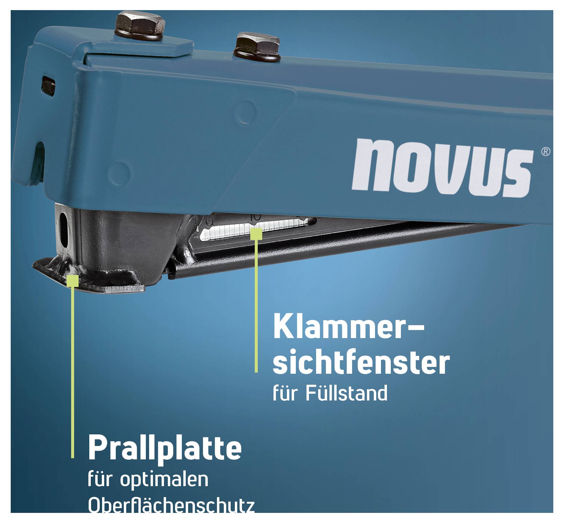 Appareil d'agrafage de novus avec fenêtre de visualisation des agrafes marquée pour le niveau de remplissage et plaque de choc pour la protection de la surface.