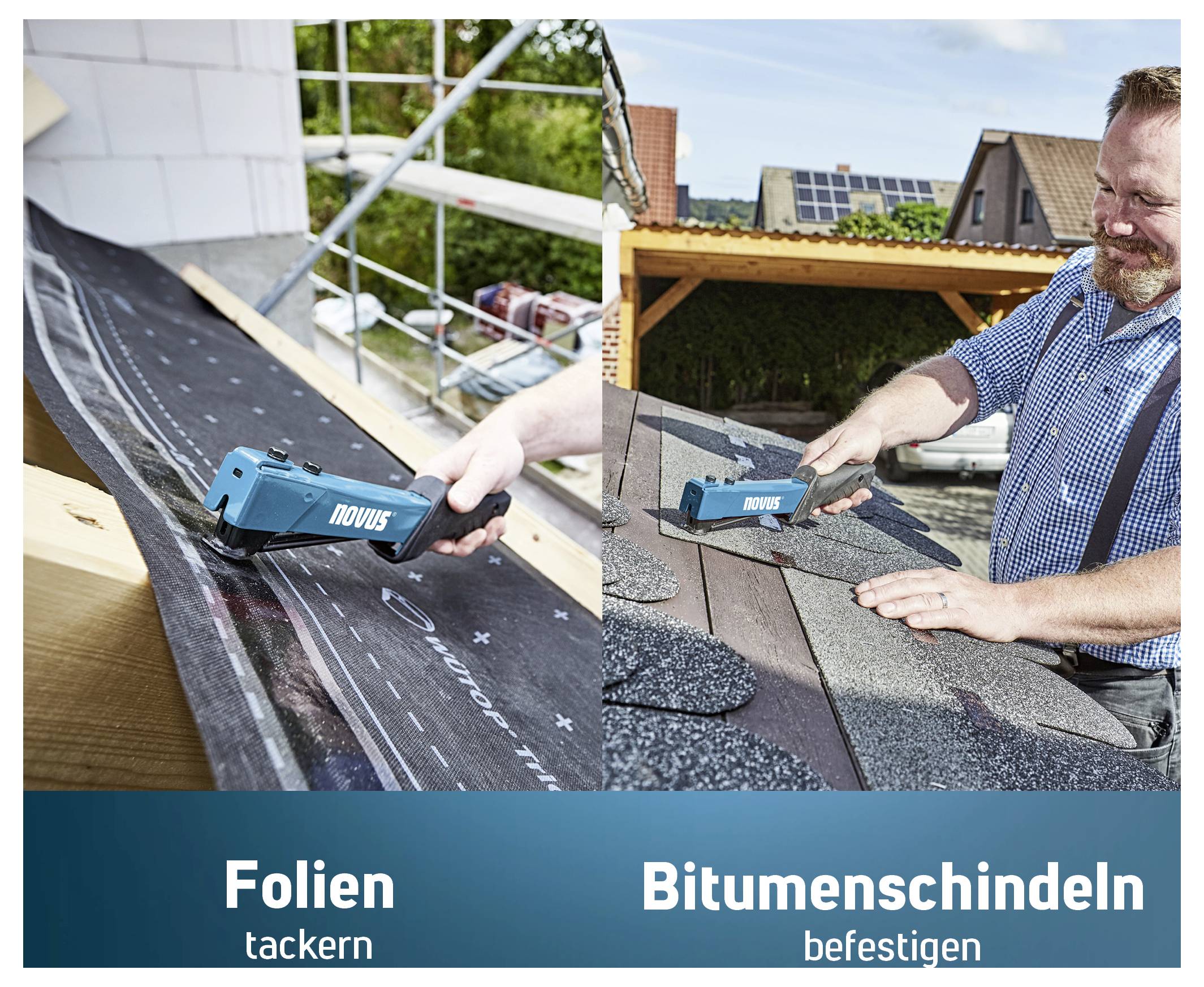 Un homme fixe des bardeaux bitumineux avec une agrafeuse bleue sur un toit ; à côté, une feuille est fixée sur une surface de toit.