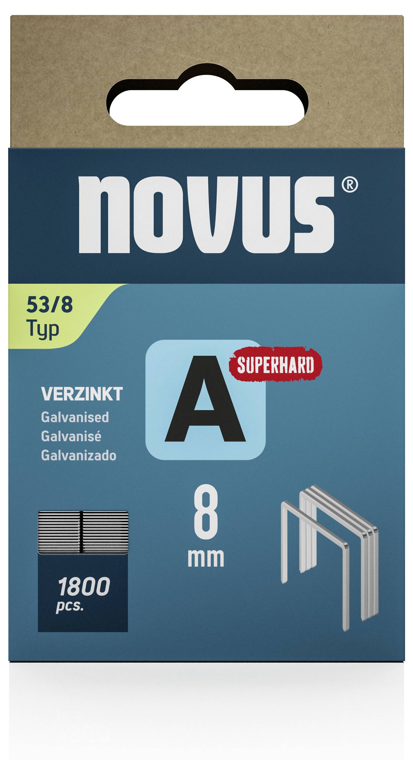 Emballage pour agrafes Novus type 53/8, galvanisées, 1800 pièces, 8 mm. Avec grande lettre 'A' et mention 'Superhard'.