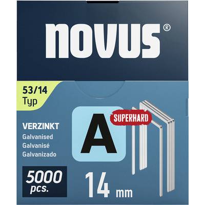 Emballage avec des agrafes. En haut, il est écrit 'Novus'. En bas : '53/14 Type A, zingué, super dur, 5000 pièces, 14 mm'. Image du produit à droite.