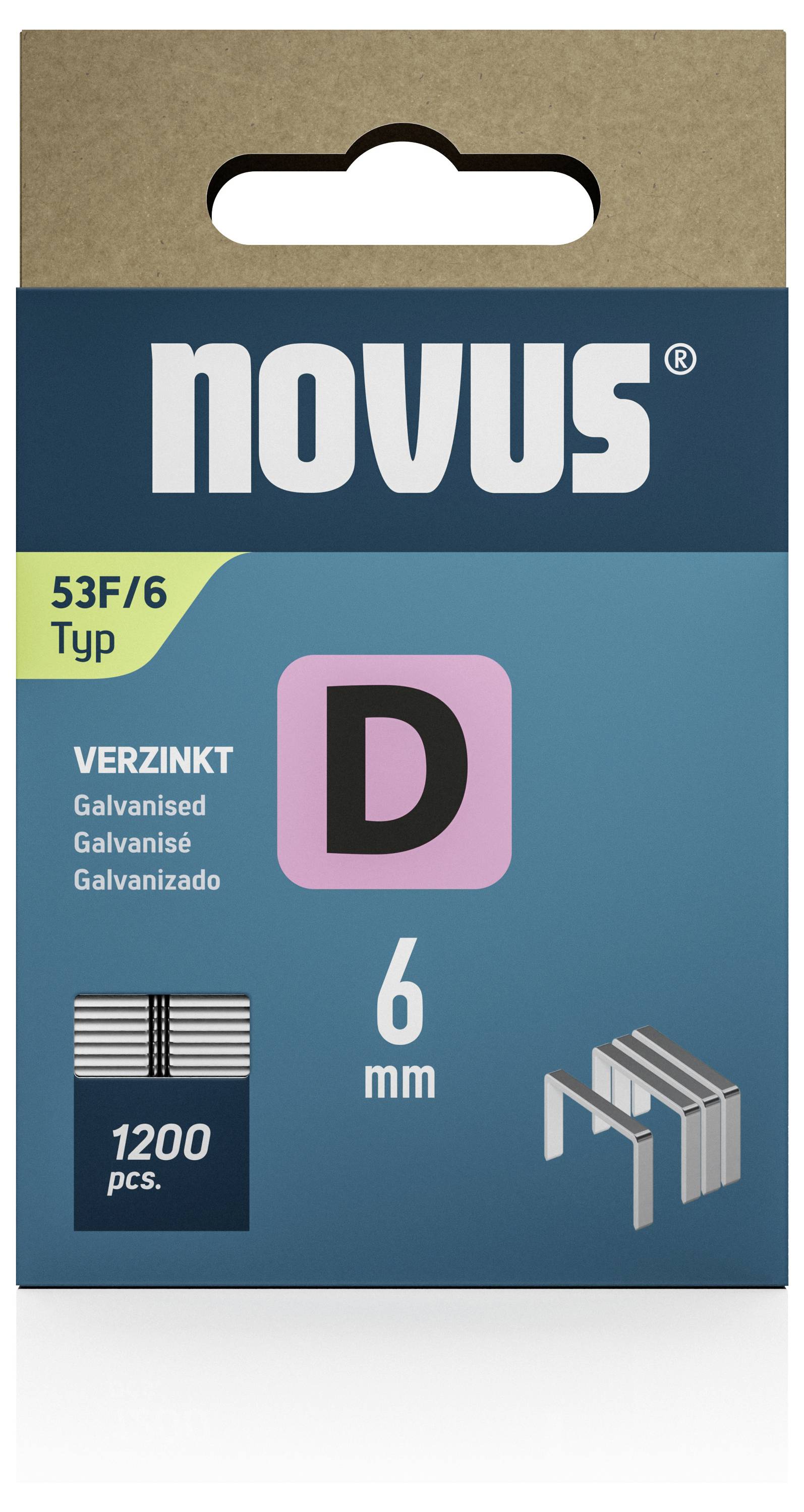 Boîte de 1200 agrafes Novus 53F/6 type D, galvanisées, longueur 6 mm.