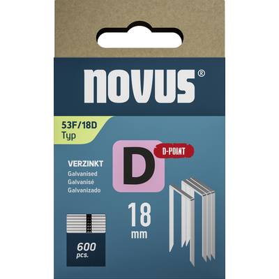 Agrafes Novus 53F/18D, galvanisées, longueur 18 mm, lot de 600 pièces. L'emballage présente le produit et la taille des agrafes.
