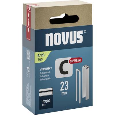 Boîte de 1000 agrafes galvanisées, type 23, taille 23 mm, Super Dures, de Novus. Contient une image des agrafes.