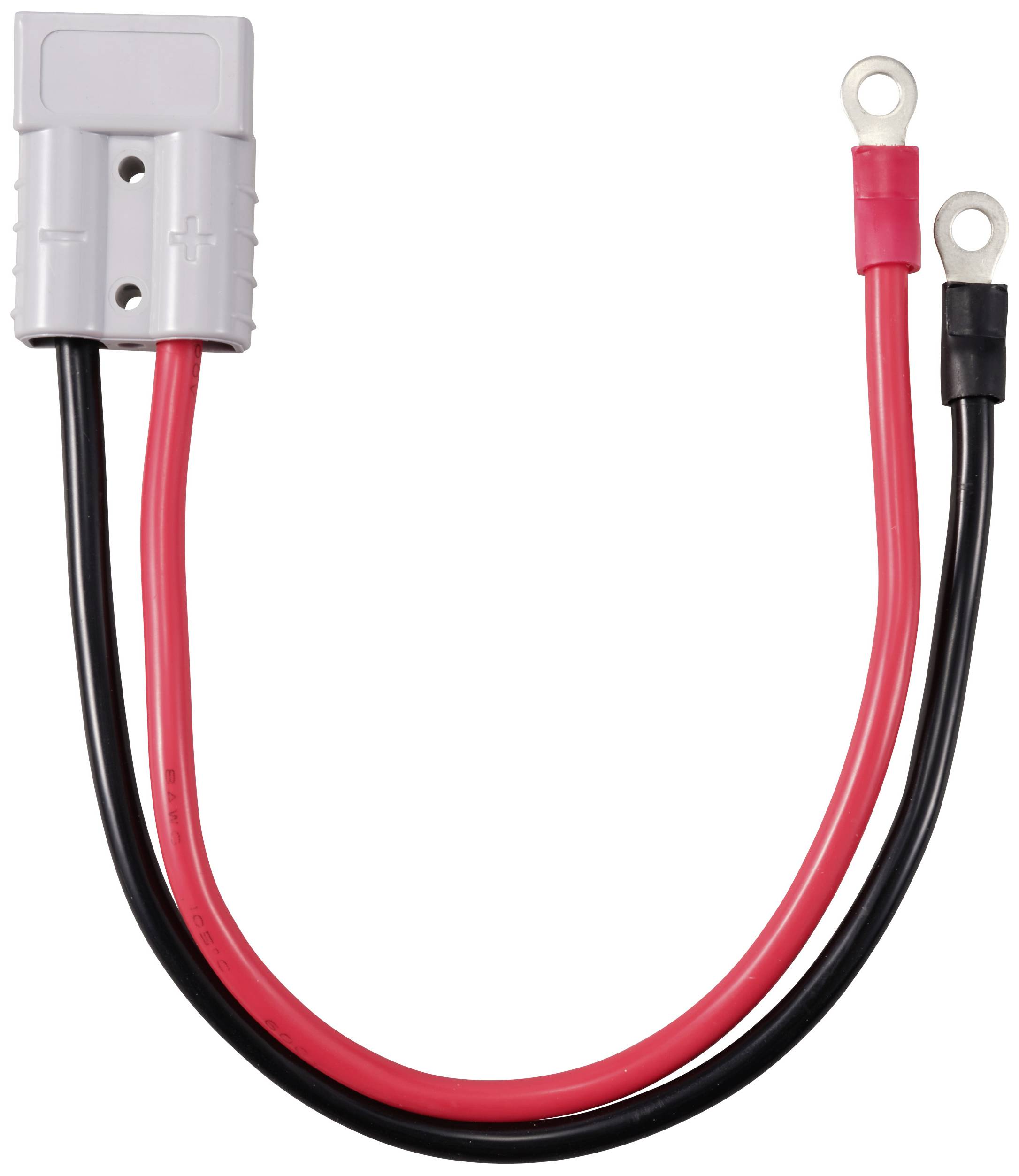 Une prise grise avec un câble rouge et un câble noir. Les extrémités des câbles sont dotées d'œillets métalliques ronds pour la fixation.