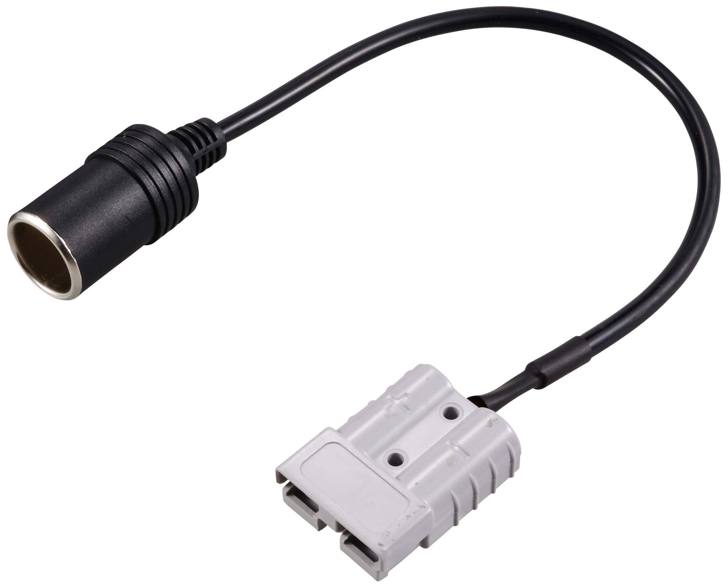 Un câble adaptateur avec une connexion grise d'un côté et une prise allume-cigare noire de l'autre.