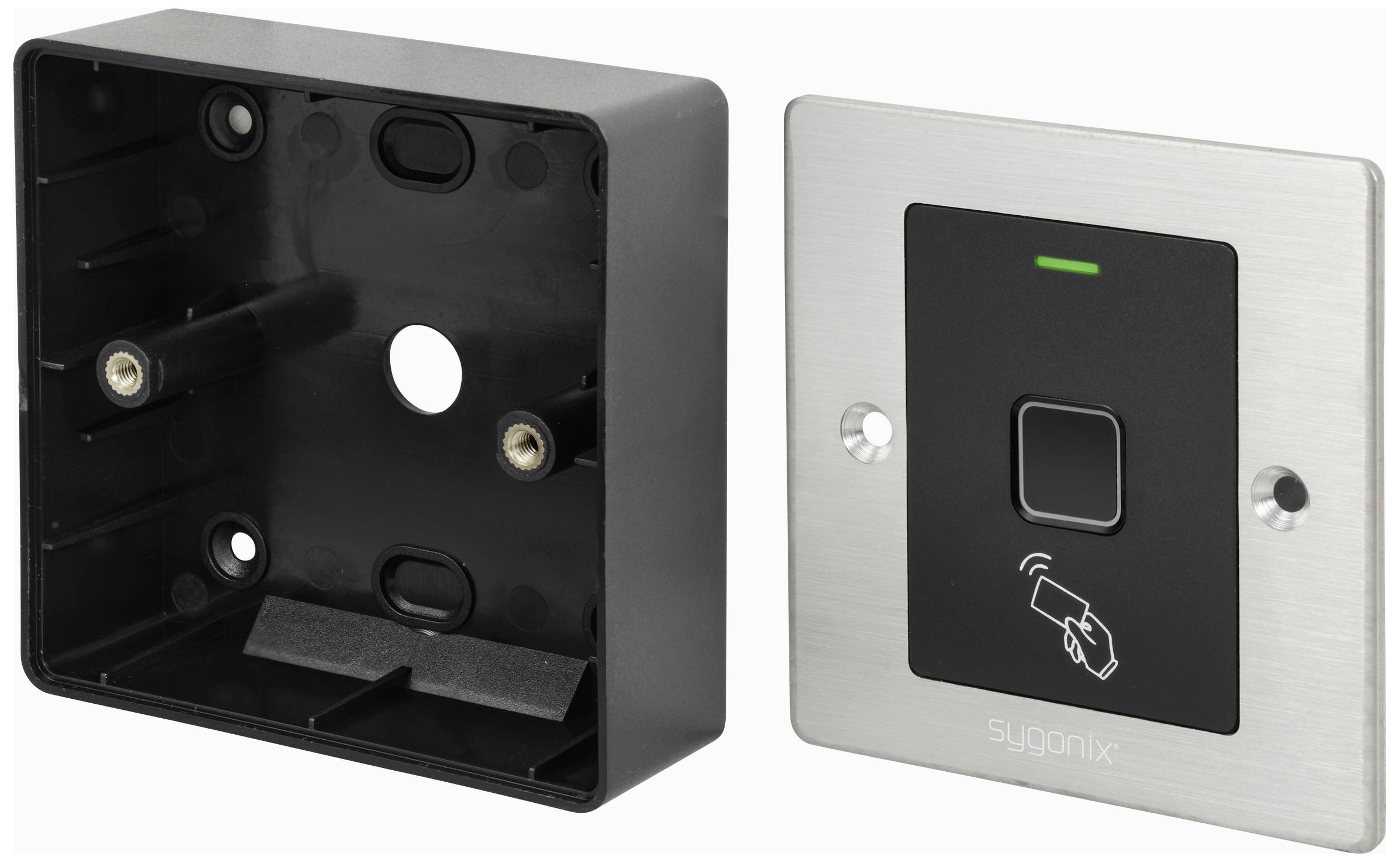 Un ouvre-porte argenté avec un scanner d'empreinte digitale et un symbole de paiement sans contact sur la face avant, à côté d'un cadre d'encastrement vide.