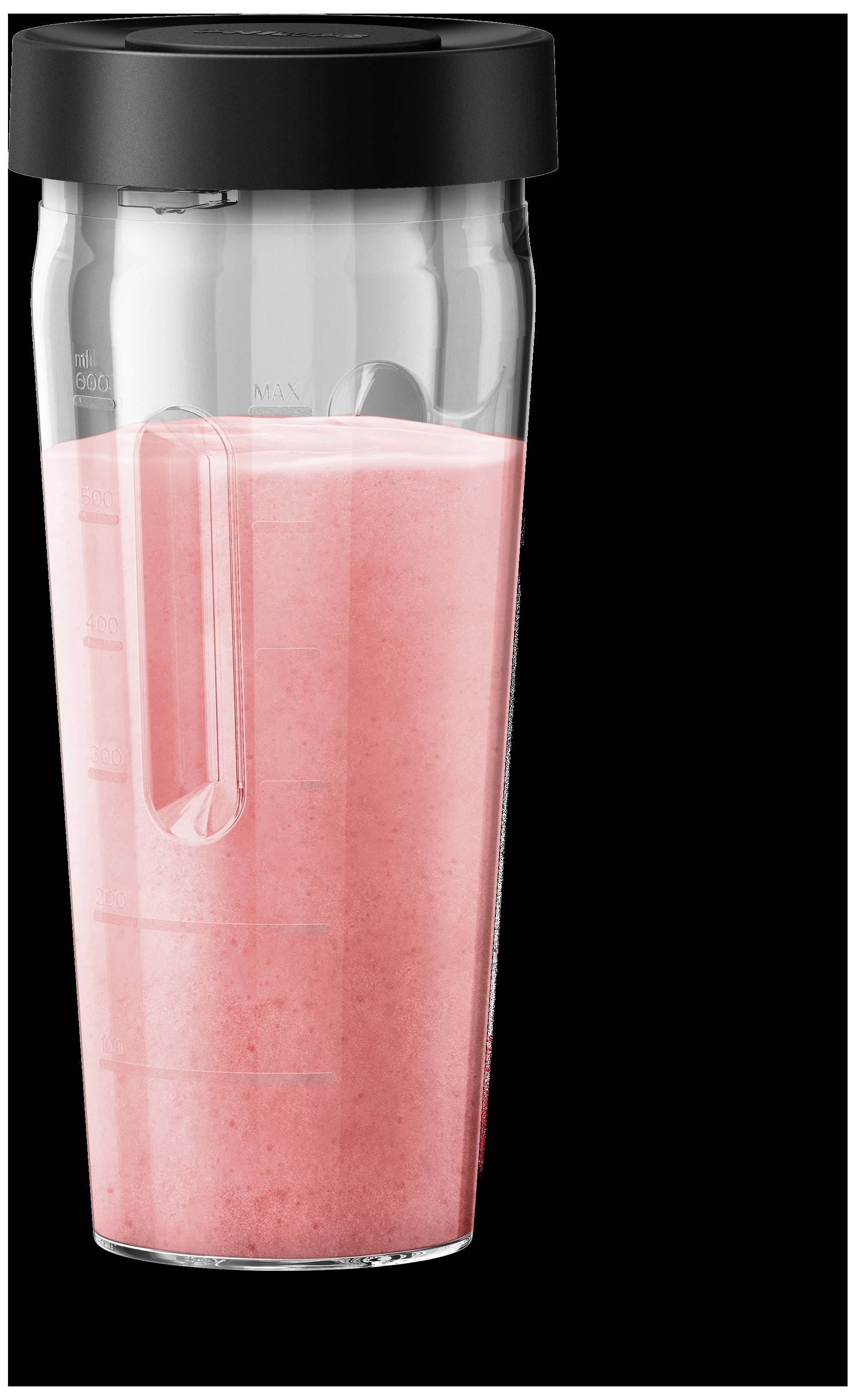 Un gobelet transparent avec un couvercle noir, rempli d'un smoothie rose, sur un fond noir.