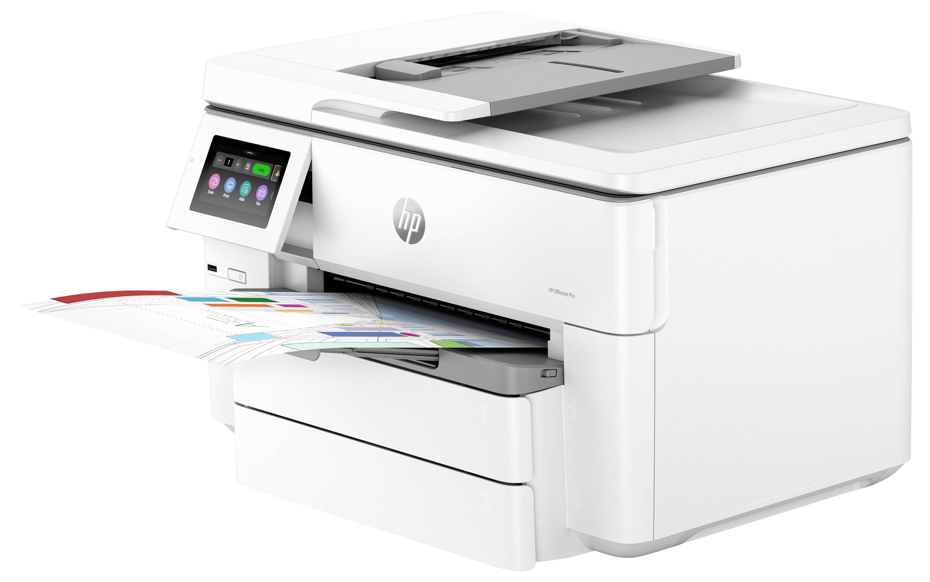 Imprimante multifonction HP blanche avec scanner intégré, écran tactile de commande et plateau de sortie papier contenant un document en couleur.