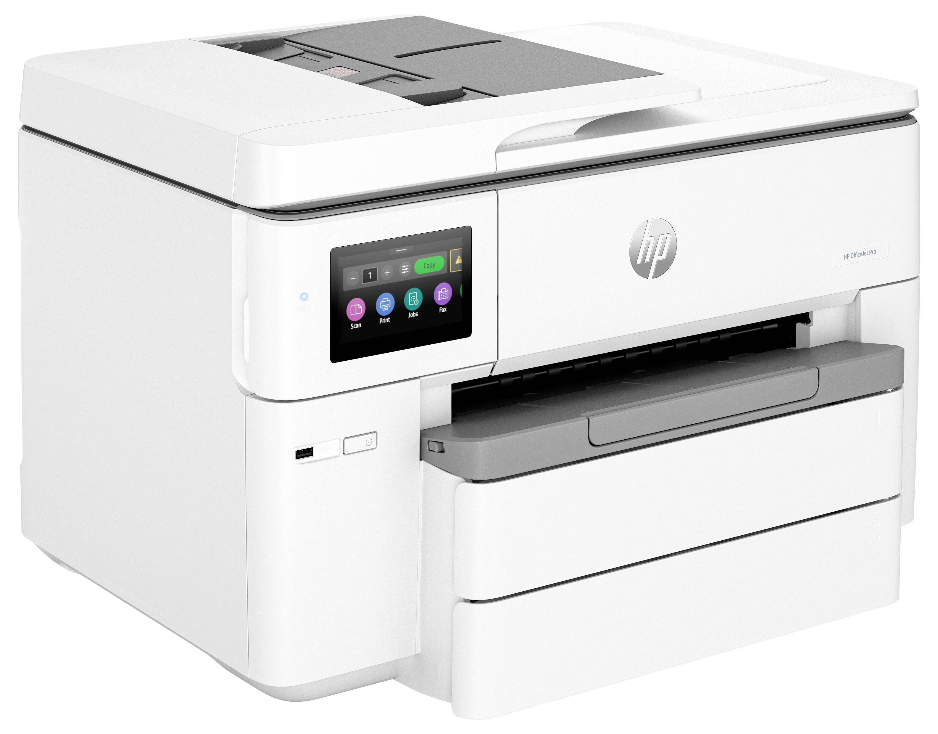Imprimante multifonction HP blanche avec panneau de contrôle tactile et bac à papier.