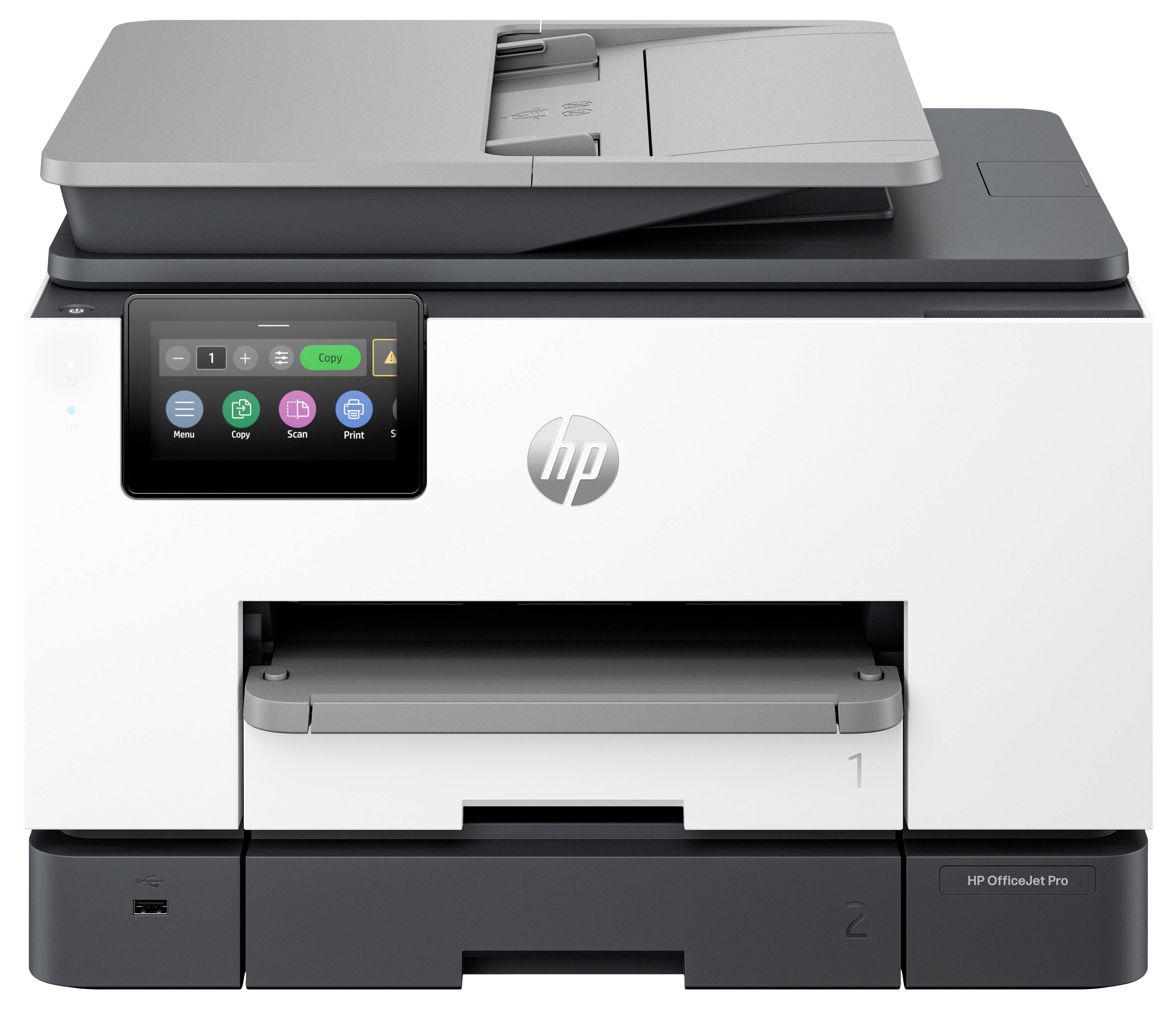 Vue de face d'une imprimante multifonction HP OfficeJet Pro avec panneau de commande à écran tactile et bacs à papier.