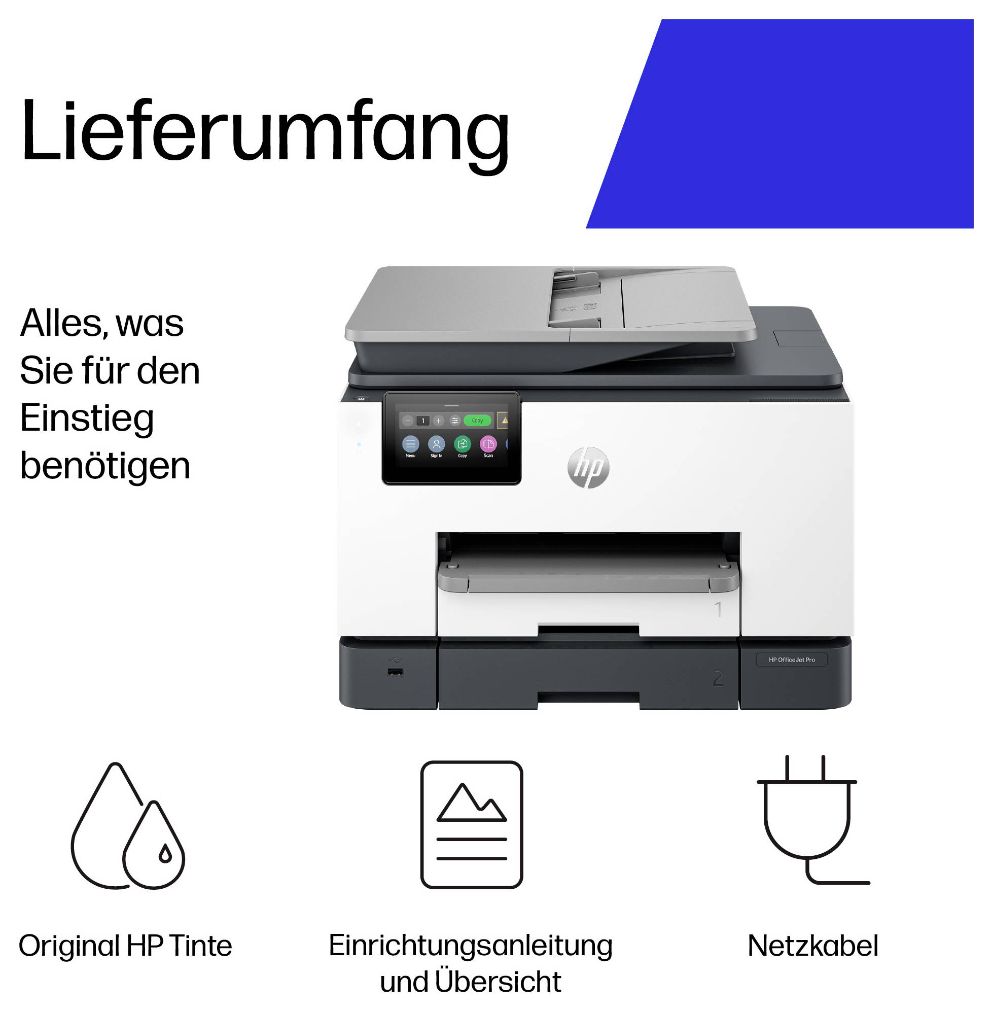 Contenu de l'emballage HP présenté avec le texte « Lieferumfang » et « Tout ce dont vous avez besoin pour commencer » : encre HP originale, guide de configuration et câble d'alimentation.